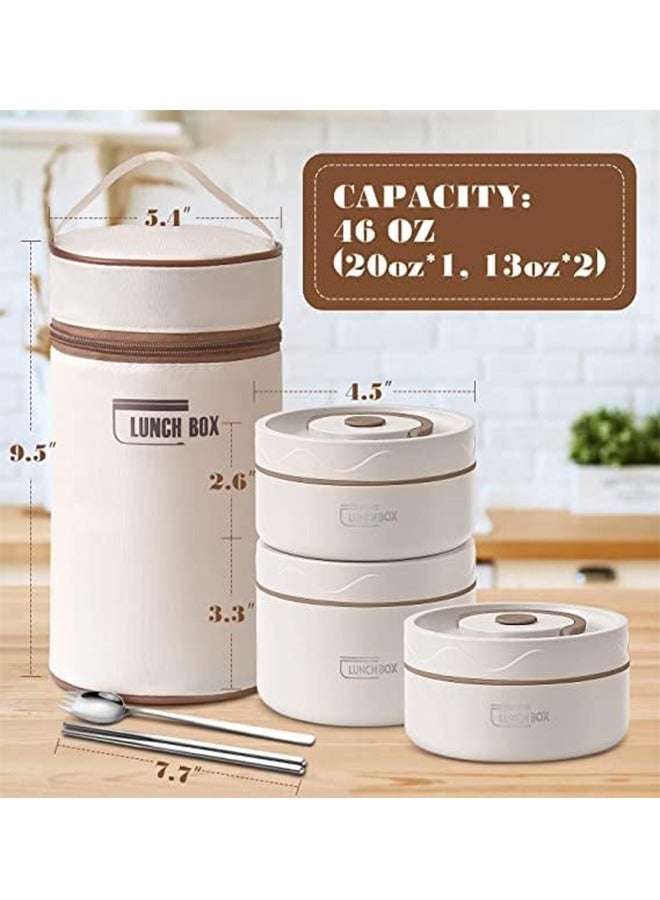 المحاكم صندوق غداء حراري قابل للميكروويف، حاويات غداء معزولة محمولة مع حقيبة، حاوية طعام من الفولاذ المقاوم للصدأ مقاومة للتسرب وقابلة للتكديس للبالغين والأطفال، مجموعة من 3 صناديق بينتو معزولة (بيج) - Image 3